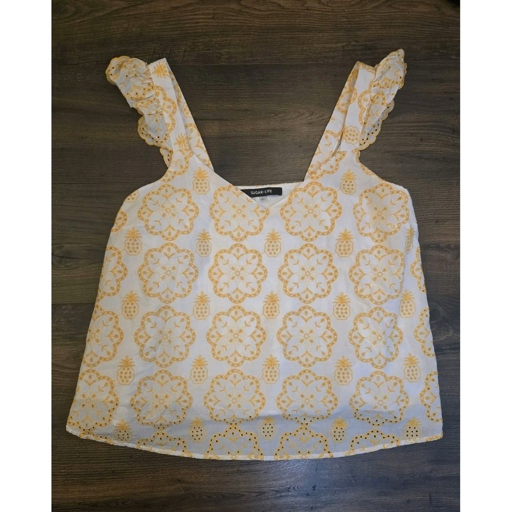 Sugar Lips Yellow White Pineapple Tank Top Eyelet Embroidery‎ L Summer Beach